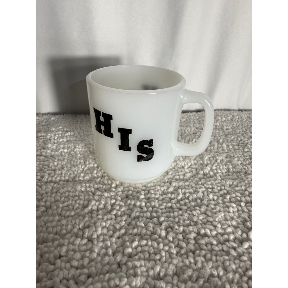 Vintage Glasbake Milk Glass HIS Coffee Mug White Black Lettering Made in USA 70